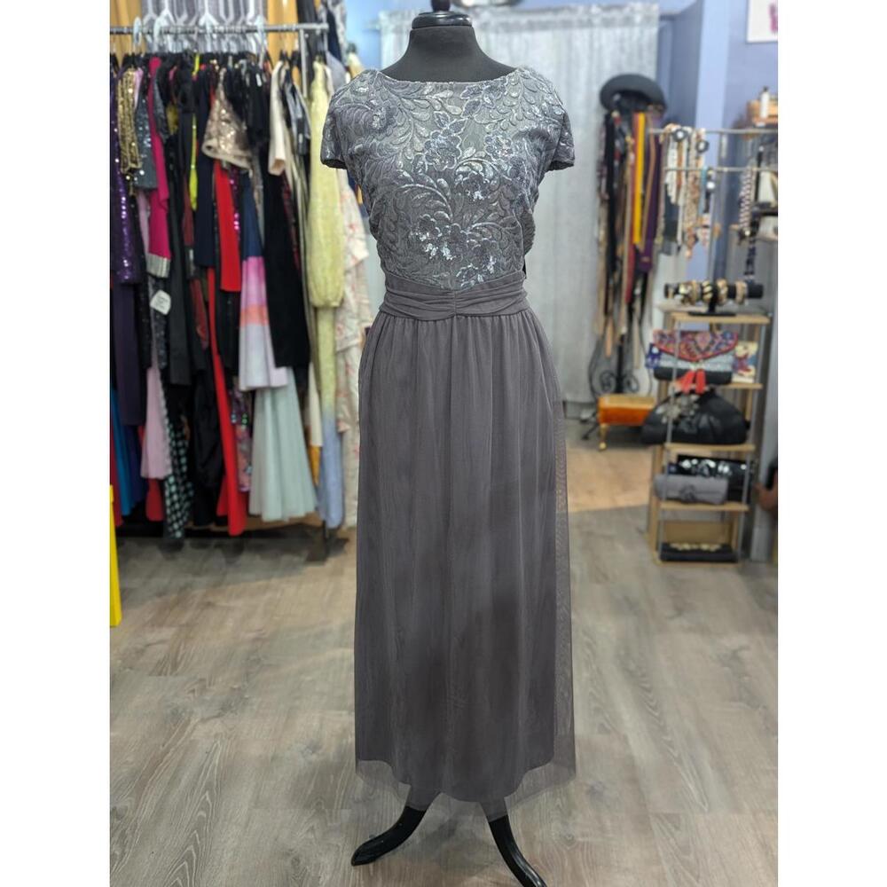 Brianna Sequin Top Cap Sleeved Gown with Mesh